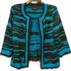 Ming Wang Cardigan Jacket Teal Blue Brown Ruffle Trim Large